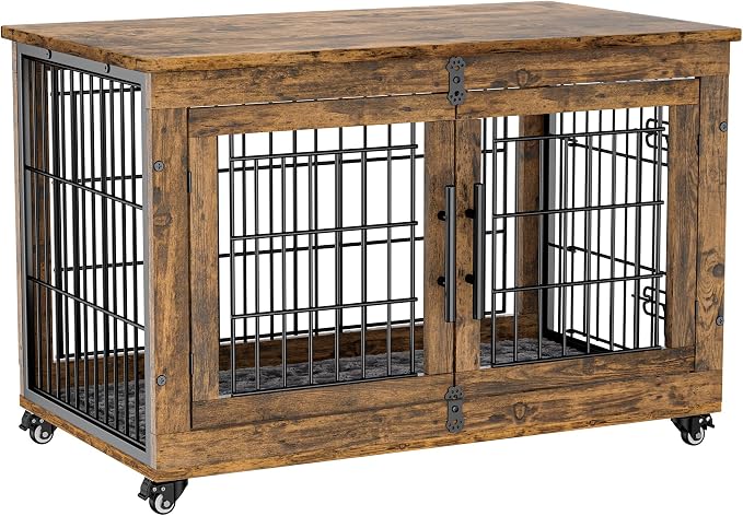 Large Dog Crate Furniture, 38'' Heavy Duty Wood Kennel w/Cushion & Wheels | Rustic Brown, Double Doors, Wooden Dog Cage, Chew-Resistant, End Table, Decorative, 27"/32"/38"/44" Options, Indoor