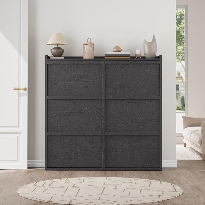 GarveeHome Shoe Cabinet with 6 Flip Drawers, Wooden Shoe Organizer Cabinet with Adjustable Shelf, Shoe Storage for Entryway, Hidden Shoe Cabinet for Hallway, Living Room, Black
