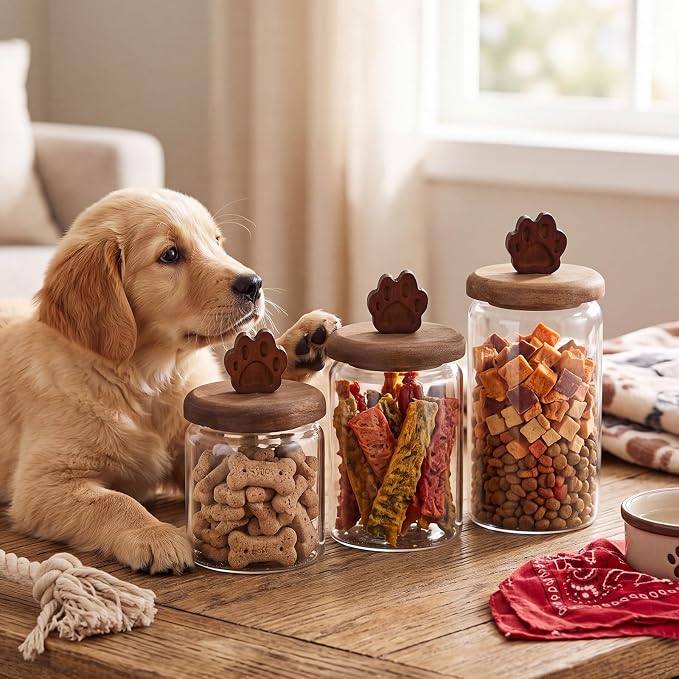 3 Pcs Glass Dog Treat Container, Cookie Jar with Wooden Lid, Paw | 3 Sizes, Airtight Pet Treat Storage Container, for Kitchen Counter, Treats Canister, Doggie Cookie, Pets