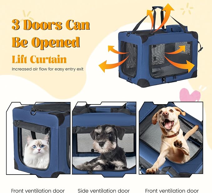 2 in 1 Rolling Dog Crate with Wheels, 24'' Collapsible Travel Pet Carrier for Medium Large Dogs, Portable Folding Kennel with 3-Door Design & Mesh Windows (Dark Blue + 32'')