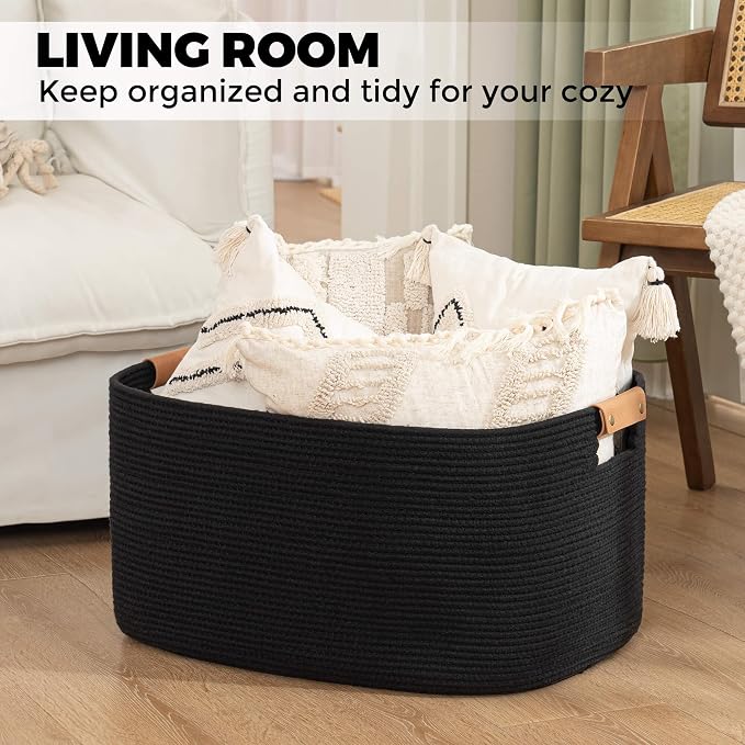 danpinera Large Blankets for Living Room, 72 L Woven Cotton Rope Baskets for Storage, Organizing Kids Toys & Dog Toys, Large Basket Organizer for Nursery, Bedroom, Bathroom, 22’’*17’’*11.8’’ Black