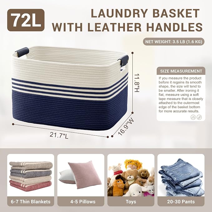 72L Large Woven Laundry Basket Hamper with Leather Handles,Navy | collapsible wicker hamper, storage for dirty clothes, toys, blankets, gifts, living room, bedroom, bathroom, 22"x17"x12"