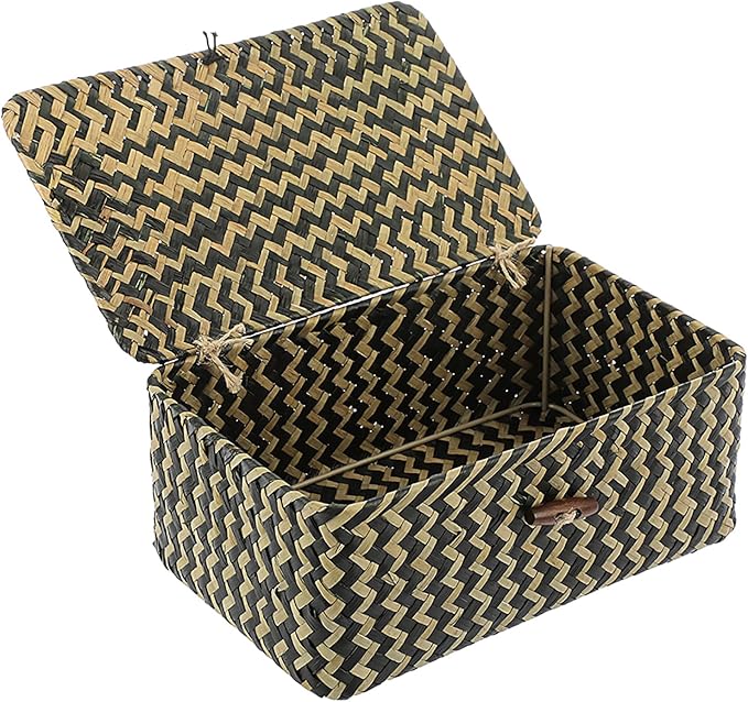 Hipiwe Seagrass Storage Baskets with Lid Woven Wicker Storage Bins for Organizing Natural Rectangular Home Organizer for Bedside Living Room Entryway Table,10.2" x 6.3" x 3.9"