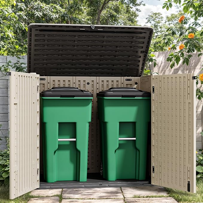 YITAHOME Outdoor Storage Shed w/o Shelf, 30 cu ft Horizontal Storage Shed Outdoor, Resin Waterproof Storage Cabinet for Garage, Poolside, Bikes, and Garden (Khaki + Black)