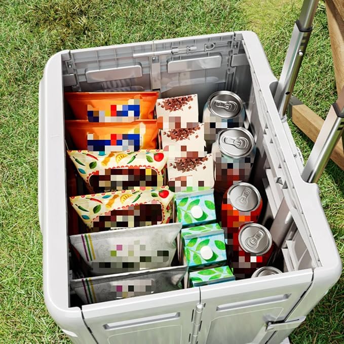 Rolling Crate with Lid Portable Foldable Rolling Crate Large Capacity Folding Cart with Wheels for Camping, Outdoor Travel, White Gray