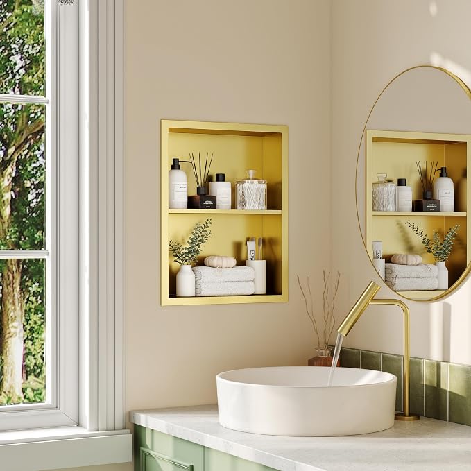 Qeke 14x 18 Medicine Cabinet Recessed with Double Shelves, Brushed Golden | 304 Stainless Steel Medicine Cabinet without Mirror, No Tile Needed Wall Niche for Bathroom Storage, Space Saving & Durable