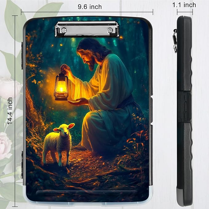 A4 Clipboard with Storage Pen Holder, Clipboards Organizer Nursing Clipboard Foldable File Folder Plastic Clipboard Folio Clip Board for Office Work Classroom Doctor, Man Sheep Forest