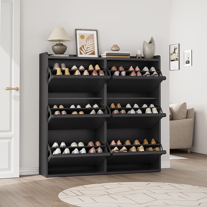 GarveeHome Shoe Cabinet with 6 Flip Drawers, Wooden Shoe Organizer Cabinet with Adjustable Shelf, Shoe Storage for Entryway, Hidden Shoe Cabinet for Hallway, Living Room, Black