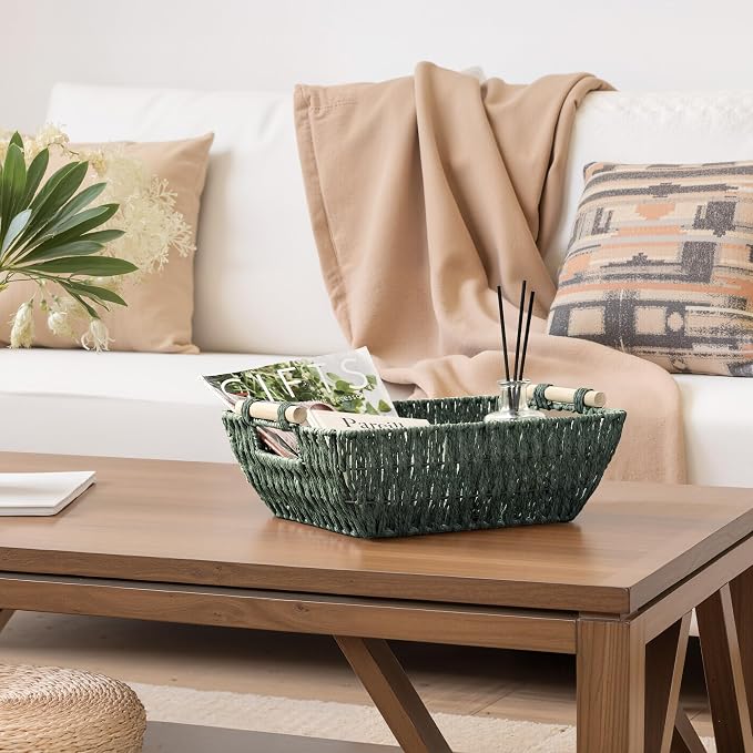 StorageWorks Wicker Storage Basket, Baskets for Storage, Bosana Green | Wicker Storage Baskets for Shelves, Baskets with Wooden Handles, 2-Pack Gifts Basket for Home Decor, Hand-Woven Basket