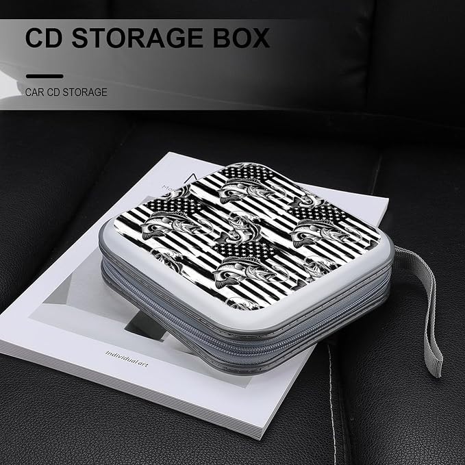 Portable Hard Shell DVD Storage Black And White American Flag Camo Fish, 40-Disc Binder with Carry Strap, Protective Case for Movies Music Travel
