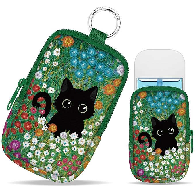 Hand Sanitizer Holder, Floral Black Cat Spray Case Zippered Pouch | Keychain, Travel Size, Cute Fashion Accessory with Snap Hook, for Glow Mist and Power Mist 1FL OZ, Mini Small Pocket Clip on