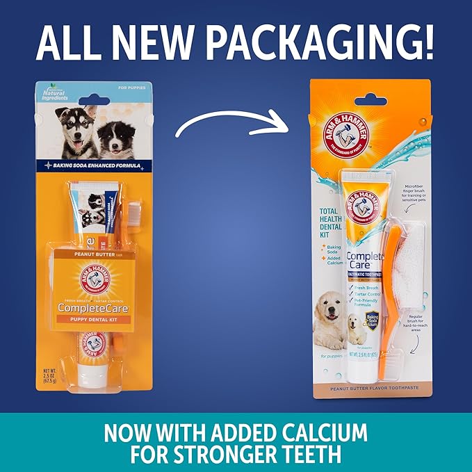 Arm & Hammer Complete Care Puppy Dental Kit, Enzymatic Toothpaste with Baking Soda and Calcium for Dogs, Peanut Butter Flavor, Toothbrush and Microfiber Brush Included, Fluoride-Free, 2.5 Oz - 2 Pack
