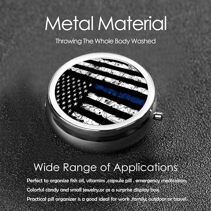 Pill Box, Small Pill Organizer with 3 Compartments and Mirror, Cute Round Portable Travel Metal Pill Case for Pocket or Purse, Privacy-Protecting Medicine Box-Black Blue Tree Leaves American Flag