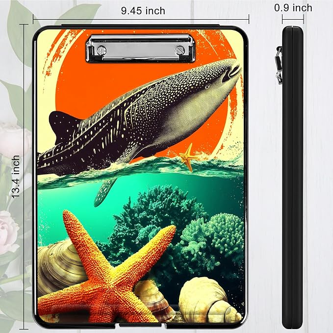 Heavy Duty Storage Clipboard, Slim Nursing Clipboard with Internal Pen Case, Portable File Organizer Case for A4 Letter Size Paper Office Medical Professionals, Whale Sunset Starfish