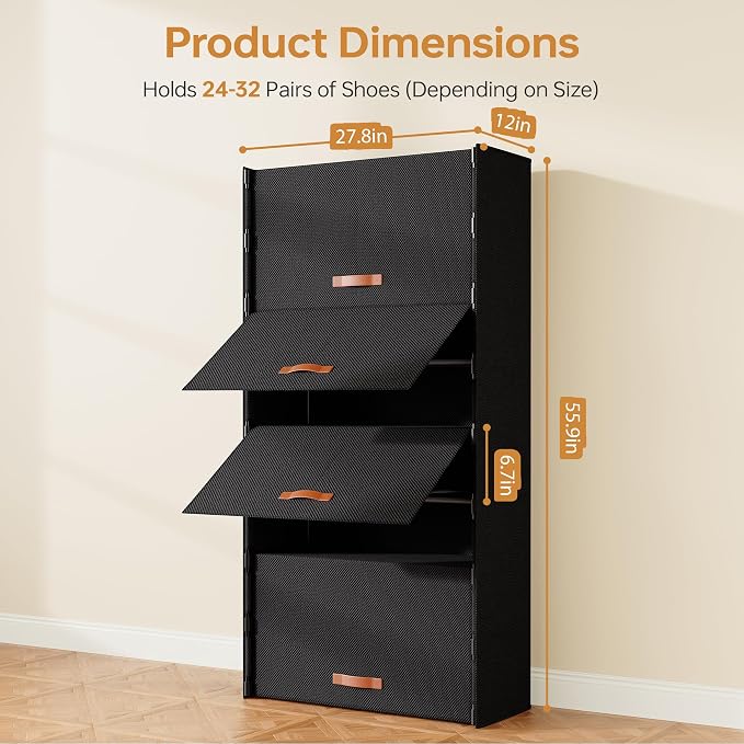 8-Tier Shoe Storage Cabinet with Fabric Cover, Hard Flip Doors, Holds 24-32 Pairs, Enclosed Dustproof Shoe Rack Organizer for Entryway, Closet & Bedroom, Shoe Shelf, Black, 27.8" x 12.0" x 55.9"
