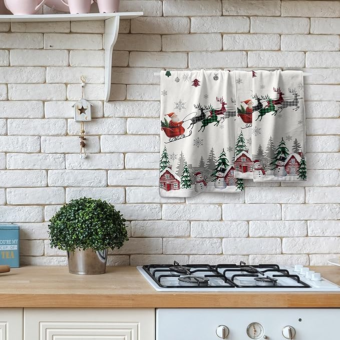 Giwawa Santa Claus Hand Towel Set of 2 Xmas Tree Balls Reindeer Sleigh Buffalo Plaids Towels Winter Snowman Snowflakes Soft Microfiber Dish Wash Cloth for Bathroom Guest Holiday Gym Decor