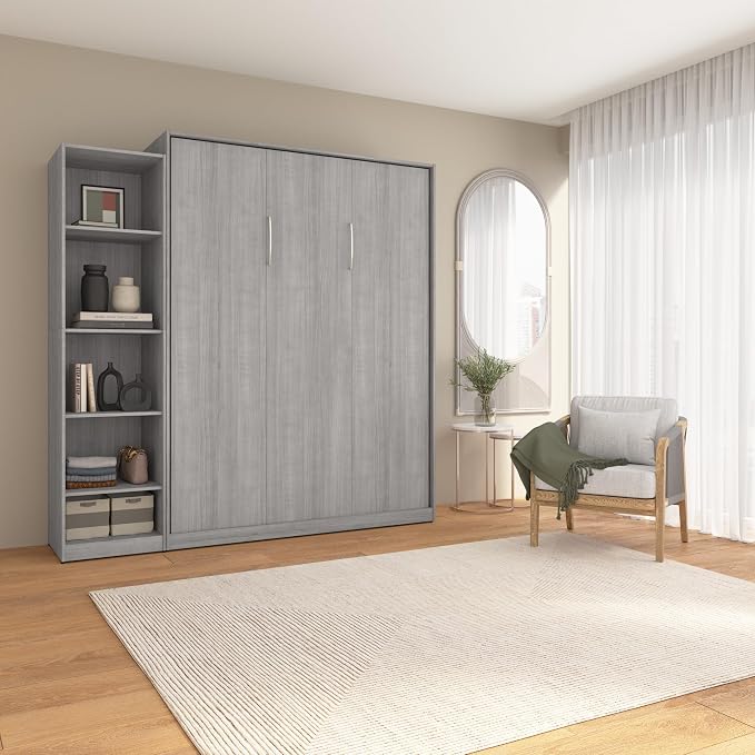 Bestar Queen Murphy Bed with Closet, Platinum Gray, Claremont, 85W | Closet Organizer; supports up to 1000 lb; min. ceiling height 88 in.; for guest room or multipurpose space; 10-year warranty