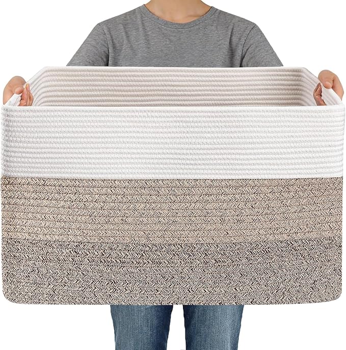 JMvicyroam 65L Large Woven Cotton Rope Blanket Basket, White&Brown | Blanket storage for living room or bedroom use, Freestanding with reinforced handles, Entire basket is machine washable