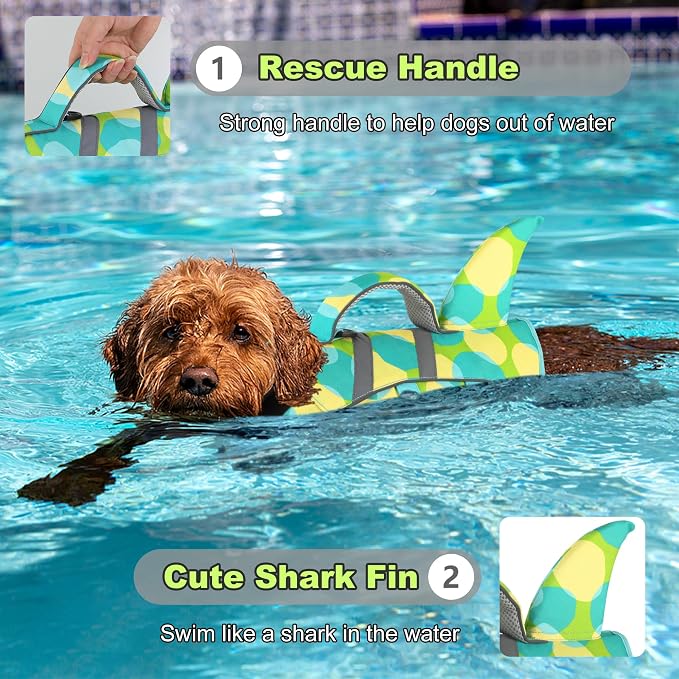 Dogcheer Shark Dog Life Jacket, Dog Life Vest for Swimming - Multi Green,L | Adjustable Pet Harness Lifejackets, High Flotation Doggie Swimsuit with Rescue Handle for Small Medium Large Dogs
