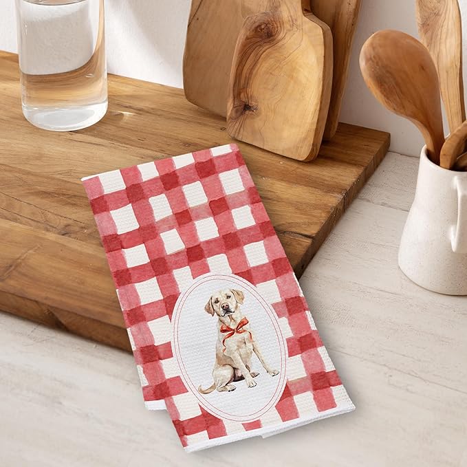 Red Plaid Labrador Retriever Kitchen Towels 16x24 Inch, Labrador Retriever Lovers Gifts Decorative Hand Towels for Bathroom, Red Checkered Dog Dish Tea Towel Drying Cloth