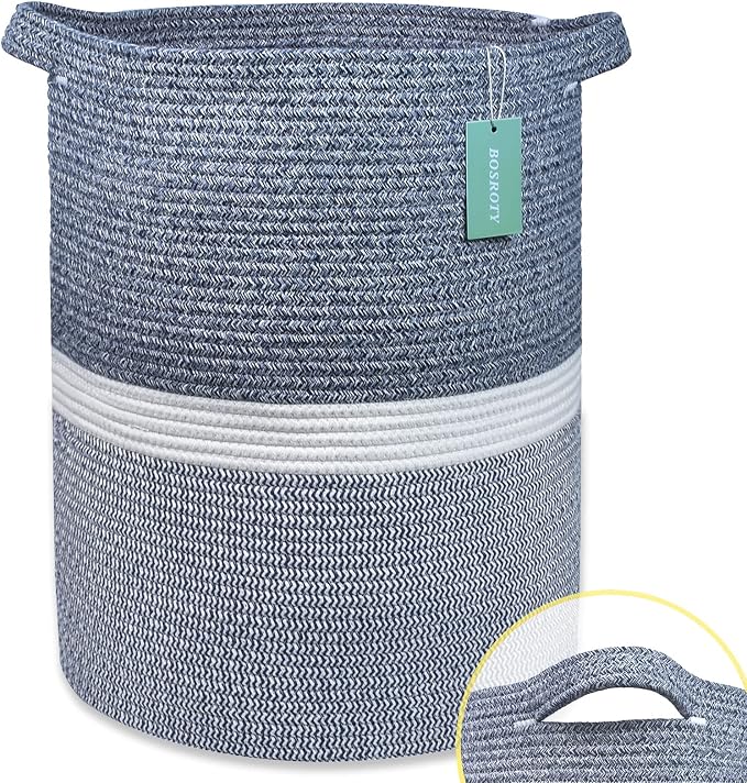 Cotton Rope Blanket Basket, 72L Laundry Hamper, Navy Blue &White