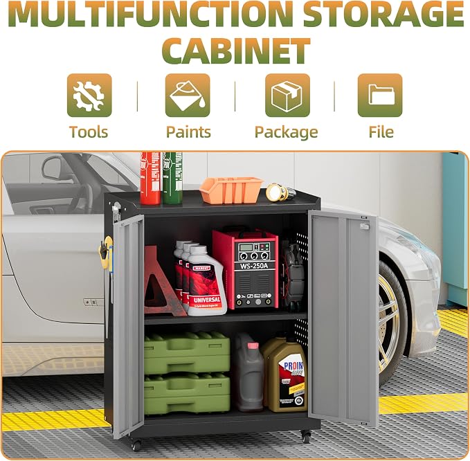 34''H Garage Storage Cabinet, Meatl Storage Cabinet with Lock | Tool Storage Cabinet, Steel Tool Cabinet with Doors and Shelves for Garage, Warehouse, Assembly Required, Gray