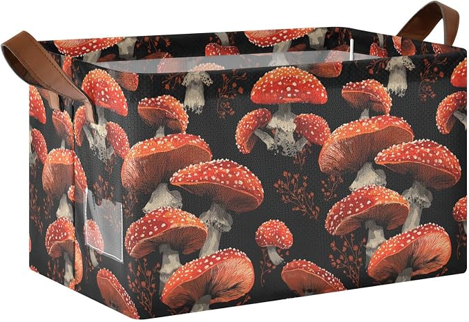 Red Mushrooms Amanita Mushroom Storage Basket Foldable Cube Storage Bins with Handles&Label Waterproof Collapsible Organizer Box Bin Large Rectangle Decorative Baskets for Shelves Home Room Laundry