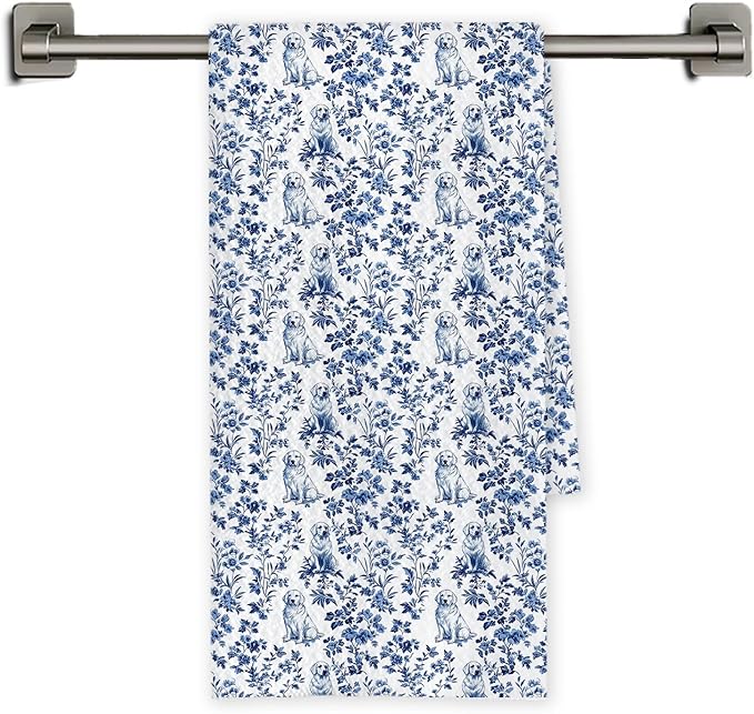 Chicimln Chinoiserie Golden Retriever Kitchen Towels, Gifts for Golden Retriever Lovers Decorative Hand Towels for Bathroom, Blue and White Dog Dish Tea Towel Drying Cloth for Kitchen, 16x24 Inch