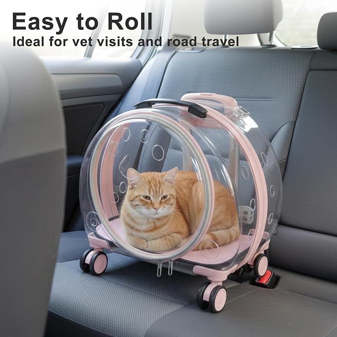 Transparent Hard Shell Cat Carrier with Wheels, Pink | Rolling cat carrier, 17-lb max load, Breathable, Telescoping handle, Shoulder strap, Clear pet carrier, Portable, Travel