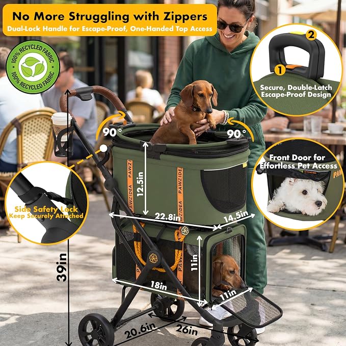 PAWZIDEA Double Pet Stroller with 2 Detachable Carrier for Multiple Pets | Portable Travel Crate & Car Seat Combo & TSA-Approved Expandable Carrier, Foldable Jogger Stroller for 2–4 Cats or Small Dogs