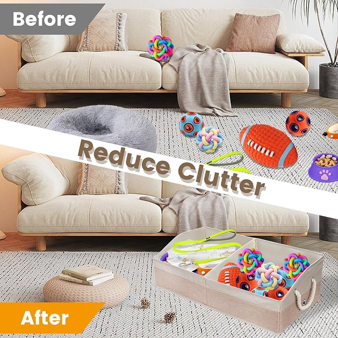 Large Dog Toy Basket with Handle, Foldable Dog Toy Box for Living Room Area , 28.5" Basket for Dog's Supplies, Organizer and Storage with Hard Board, Anti-Slip for Pet Toys (Beige, Large 28.5"×15")
