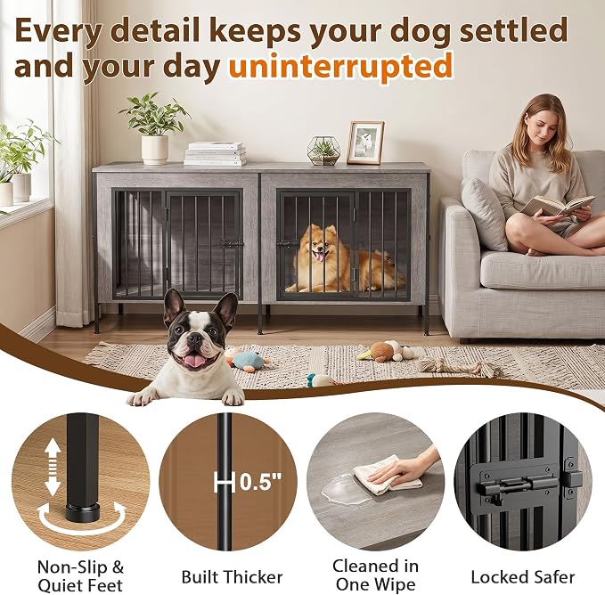 EasyCom 55" Wooden Double Dog Crate Furniture, Removable Divider, Oak Grey | Raised Legs, For 1–2 Small to Medium Dogs, Multiuse TV, Plant & Display Stand