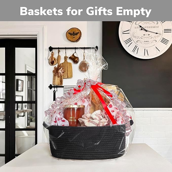 CHICVITA Small Woven Rope Gift Basket, Decorative Boo Basket, Black | 13" x 10" x 5" Storage Baskets for Toys, Towels & Books, Fits Bathroom & Nursery Organization, Built-In Handles, Rectangle