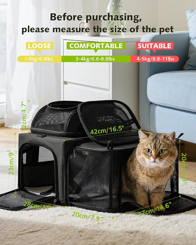 Pecute Top Expandable Airline Approved Pet Carrier for Cats, Dark Gray | Airline Approved Dog Carrier, Under-seat, Breathable, Anti-scratch Mesh, Safety Leash, Locking Zippers, Leakproof Pee Pad