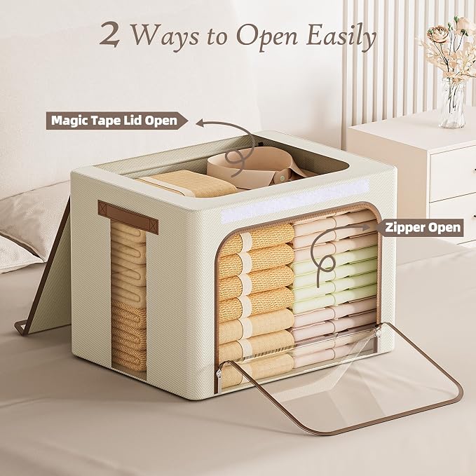 Yecaye Clothes Storage Bins with Lids & Clear Window, Beige, 40L, 3 Pack | Metal Frame, Foldable, Organizer Box Zippers & PU Leather Handles