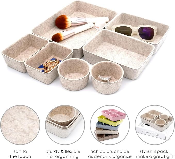 Welaxy 7pc Scandinavian Felt Desk Drawer Organizer Oatmeal Catchall Tray