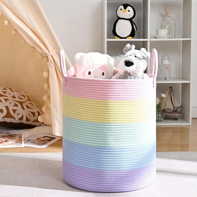 Laundry Hamper for Organizing, 52L Large Laundry Baskets, Cotton Rope Woven Blanket Basket, Collapsible Laundry Hamper for Living Room, Nursery, 15"×18", Light Rainbow