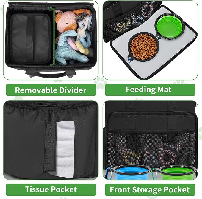 TORIBIO Large Dog Travel Bag for Supplies with Food Bowl | With 2 Food Container and Collapsible Bowls, Mat & Divider, Water-resistant, Pet Travel Kit for Weekend, Road Trips, Camping