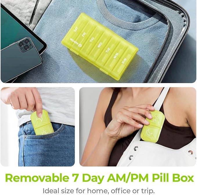 AUVON Weekly Pill Organizer 2 Times a Day, One-Sided Opening, Easy to Use | AM PM Pill Case, XL Pill Box 7 Day, Travel Medication Organizer for Medication, Vitamins, Fish Oils, Supplements, Yellow