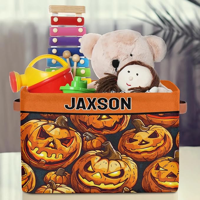 Custom Storage Baskets for Kids Name, Large Foldable Organizer Collapsible Storage Bin with Leather Handle for Home Toys Closet Nursery, Painted Happy Halloween Pumpkin