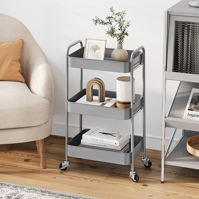TOOLF 3 Tier Metal Rolling Cart, Utility Storage Cart with Wheels, Grey | Screwless Assembly, Lockable Metal Wheels, Trolley Organizer for Bathroom, Kitchen, Office, Dorm, Laundry, Craft Room