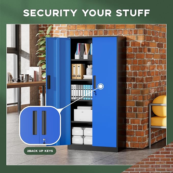 Greenvelly Metal Storage Cabinet, 72" Locking Metal Garage Storage Cabinet with Doors and 4 Adjustable Shelves, Lockable Steel Cabinet for Home Office, Garage, Shop, School (Blue 32" W x 16" D)