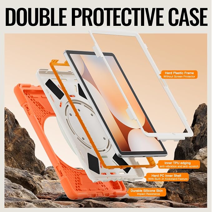 Rugged Protective Case Compatible with Samsung Galaxy Tab A11 Plus/A11 + 11" 2023 SM-X230, Military-Grade Shockproof Cover with 360° Rotating Stand & Built-in Screen Protector (Orange)