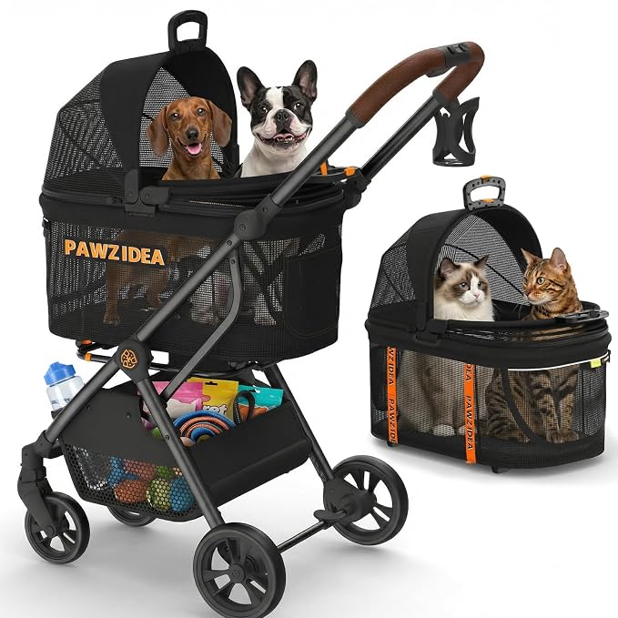 PAWZIDEA Pet Stroller 4-in-1, Foldable Dog Stroller with Detachable Carrier | Escape-Proof No-Zip Canopy, Portable Travel Crate & Car Seat Combo, for Small to Medium Dogs & Cats up 33 lbs, Storage Basket