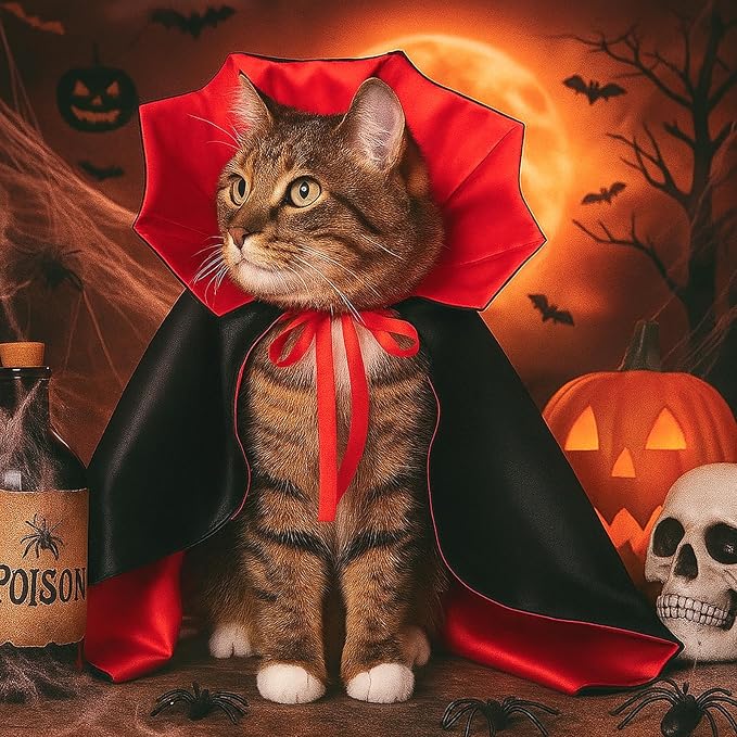 Halloween Vampire Cloak Costume,Stand-Collar Pet Cape Accessories | Wizard Outfit Costume, Witch Cosplay Apparel Supplies, for Small Medium Cats Dogs Animals, Party