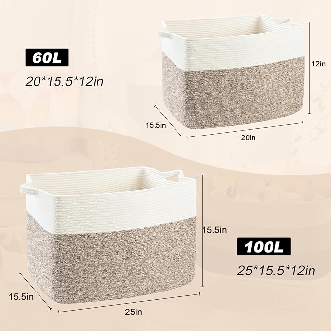 Large Blanket Basket, 100L Storage Baskets for Organizing, Woven Laundry Basket for Blankets, Cotton rope Blanket Storage for Living Room, Nursery Room, 24.8" L x 15.74" W x 15.74" H, Brown