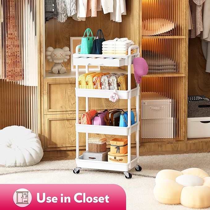 SUNALLY Makeup Cart Organizer with Drawer,4 Tier Rolling Makeup Cart, White | Rolling Vanity Storage for Skin Care Perfume Nail Polish, Floor Skincare Organizers Cosmetics Display Bathroom Storage Cart