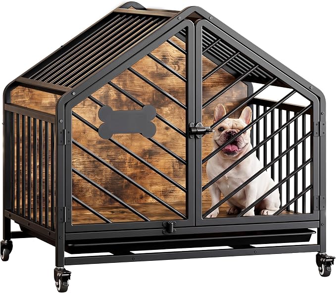 IRONCK 27.6" Dog Crate Furniture with Pull-Out Tray and Wheels | Roof-shape frame. 4 wheels and pull-out tray. Bone name tag. For small medium dogs.