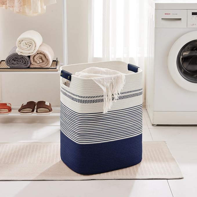 85L Tall Woven Laundry Basket Hamper with Leather Handles,Navy | collapsible wicker hamper, storage for dirty clothes, toys, blankets, gifts, living room, bedroom, bathroom, 17"x14"x22"
