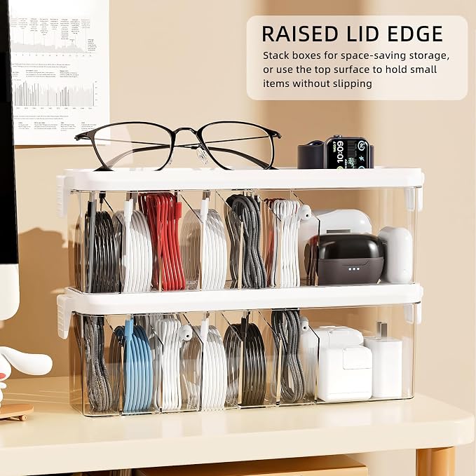 Desktop Charger Cord Storage Organizer Box Cable Organizer Box With Lid | 2 Pack Stackable Clear Storage Boxes, Easy Management Without Cable Ties, Visible for Drawer Organizing, Cosmetics & Cables